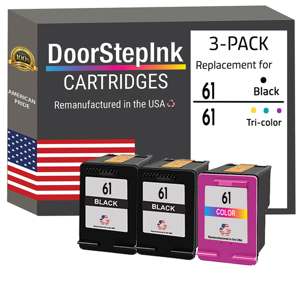 DoorStepInk Brand for HP 61 2 Black / 1 Color 3-Pack Remanufactured in the USA Ink Cartridges