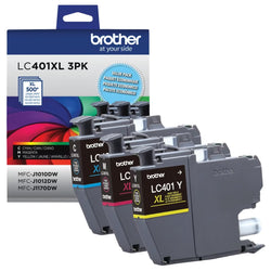 Genuine Brother LC401XL High Yield Ink, Cyan/Magenta/Yellow, Pack of 3 Cartridges