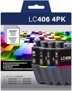 Original Brother LC406 Black and Color Ink Cartridges-4 pack
