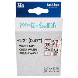 Original Brother P-Touch Embellish Black Print on White Rose Washi Tape TZeMT3115 - ~~½” Wide x 13.1’ Long for use with P-Touch Embellish Ribbon & Tape Printer