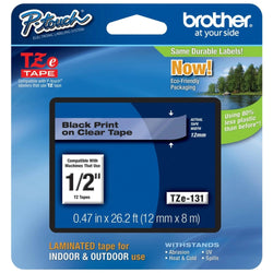 Genuine Brother TZe-131 Labelling Tape – Black on Clear, 12mm wide