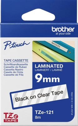 Original Brother TZe-121 Labelling Tape Cassette 9mm (W) * 8m (L) Black print on Clear Tape-TZe-121