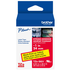 Brother Genuine P-touch TZE-S651 Tape, 1" (0.94") Wide Extra-Strength Adhesive Laminated Tape, Black on Yellow, 0.94" x 26.2' (24mm x 8M)