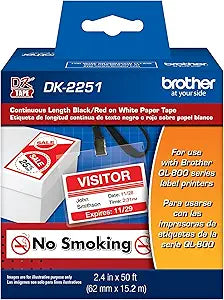 Genuine Brother DK-2251 Replacement Labels, Black/Red Label on White Paper Tape