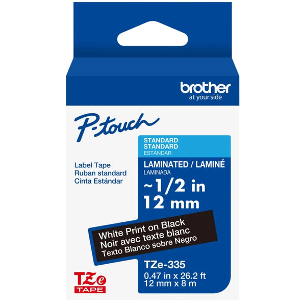Genuine Brother -touch TZE-335 Label Tape, 1/2" (0.47")  Standard Laminated P-Touch Tape, White on black Single-Pack
