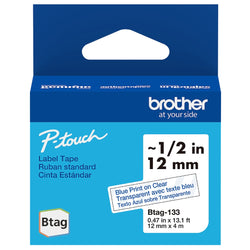 Genuine Brother BTAG133 Label Tape for P-touch Label Makers - Blue on Clear - 12 mm W x 4 m L