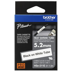 Genuine Brother HSE-211E Heat Shrink Tape, Black On White, 5.22mm x 1.5m