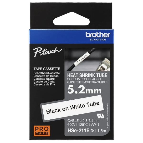 Genuine Brother HSE-211E Heat Shrink Tape, Black On White, 5.22mm x 1.5m