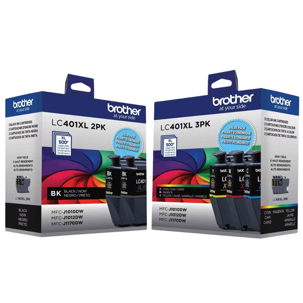 Genuine Brother LC401XL High Yield Ink, (Black 2-pack) Cyan/Magenta/Yellow, Pack Of 5 Cartridges