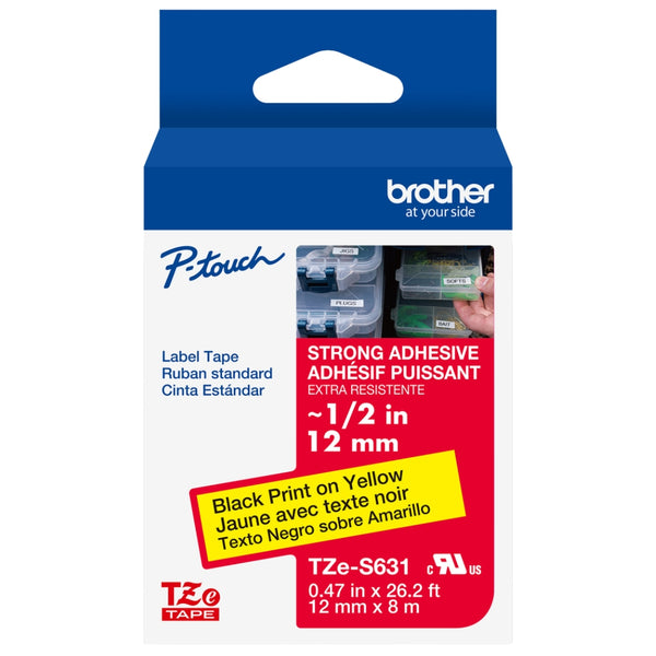 Genuine Brother P-Touch, Black on Yellow Extra Strength Adhesive Laminated Tape TZe-S631 0.47" (12mm) x 26.2ft (8m)