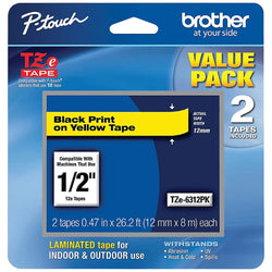 Genuine Brother P-Touch, Black on Yellow Tape ½” (12mm) Laminated P-Touch Tape, TZe-6312Pk