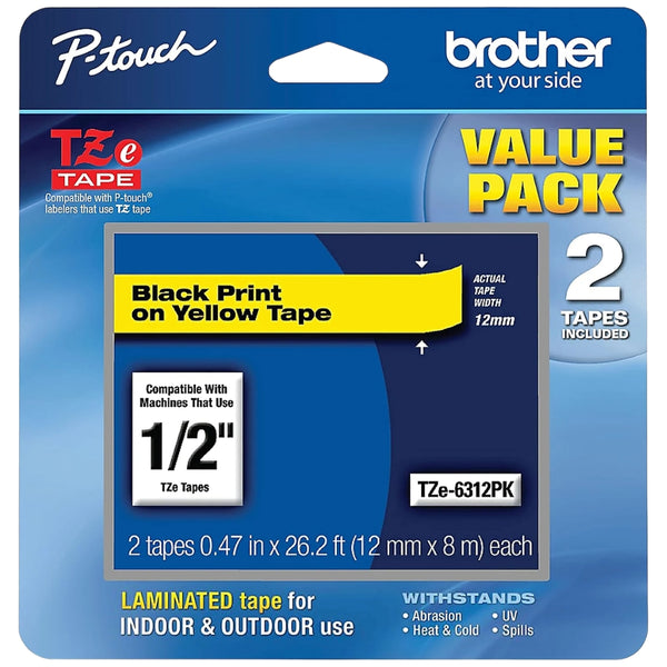 Genuine Brother P-Touch, Black on Yellow Tape ½” (12mm) Laminated P-Touch Tape, TZe-6312Pk