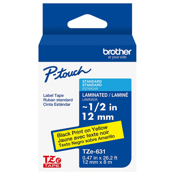 Genuine Brother P-Touch, Black on Yellow Tape ½” (12mm) Laminated P-Touch Tape, TZe-631