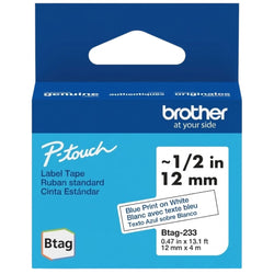 Genuine Brother P-Touch Btag BTAG233 Blue on White Label Tape ~1/2in by 13.1ft (12mm x 4m)