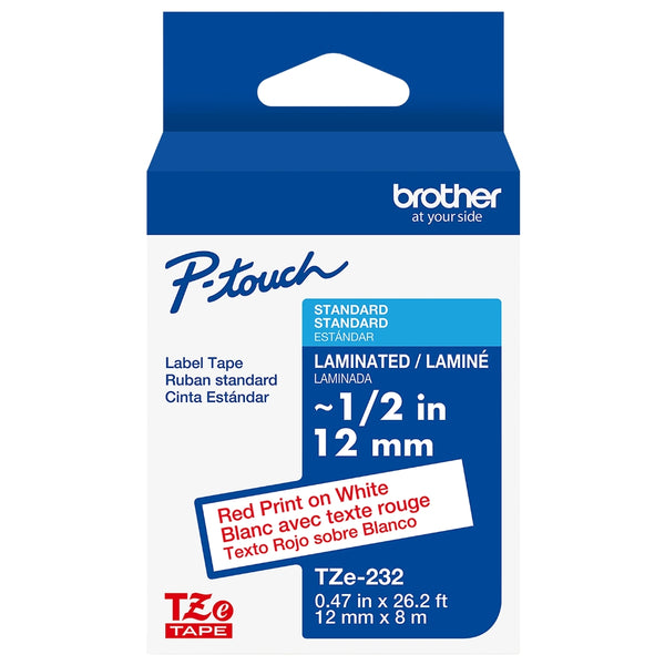 Genuine Brother P-Touch TZE-232 Tape, 1/2" (0.47 mm) Standard Laminated P-Touch Tape, Red on White Laminated for Indoor or Outdoor Use, Water-Resistant 26.2 ft (8m)