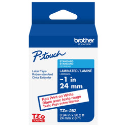 Genuine Brother P-Touch TZE-252 Tape, 1" (24 mm) Standard Laminated P-Touch Tape, Red on White, 26.2 ft (8 m)