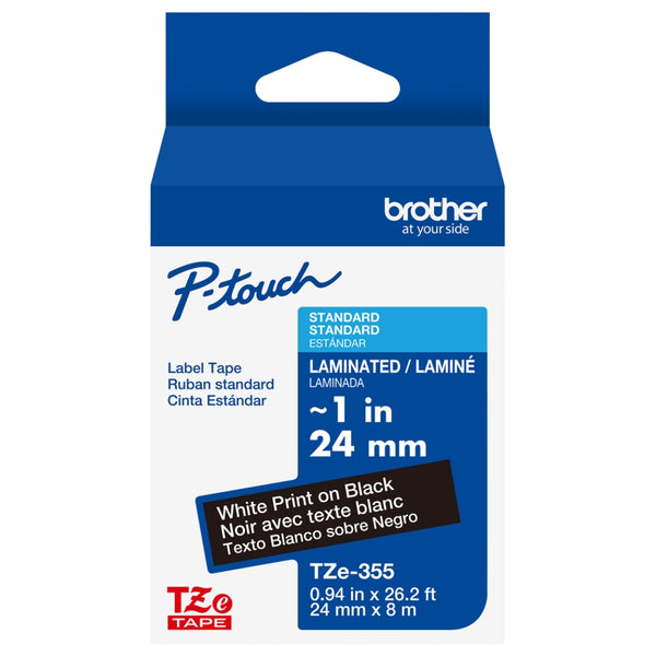 Genuine Brother P-Touch TZE-355 Tape, 1" (0.94") Wide Standard Laminated Tape, White on Black, 0.94" x 26.2' (24mm x 8M), TZE355