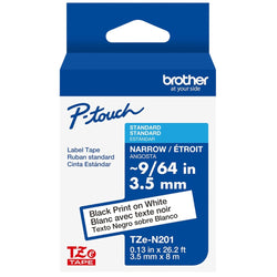 Genuine Brother P-Touch TZE-N201 Super-Narrow Black on White Non-Laminated Tape, , 0.13" x 26.2' (3.5mm x 8M)