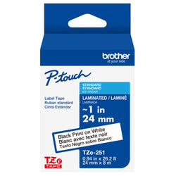 Genuine Brother P-Touch TZe-251 Laminated Tape, Black Print on White Standard Adhesive Laminated Tape for P-Touch Label Makers, Each Roll is 0.94"/24mm (1") Wide, 26.2 ft. (8M)