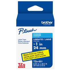 Genuine Brother P-Touch, TZe-651 Extra Strength Adhesive, Black on Yellow Tape 24mm x 8m