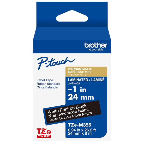 Genuine Brother P-Touch TZe, 1-1/2in x 26.2ft (36mm x 8m) White Print on Black Label Tape (TZeM355),