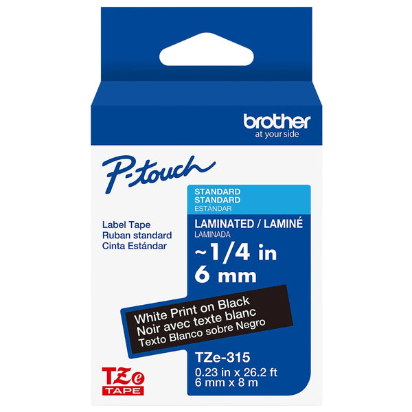 Genuine Brother P-Touch TZe White Print on Black Label Tape (TZe315), Laminated,1/4in x 26.2ft (6mm x 8m), for Select P-Touch Label