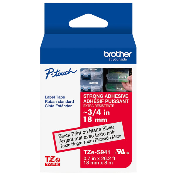 Genuine Brother P-touch TZE-S941 Tape, 3/4" (0.7") Wide Extra-Strength Adhesive Laminated Tape,Black on Matte Silver, Water-Resistant,0.7" x 26.2' (18mm x 8M), TZES941