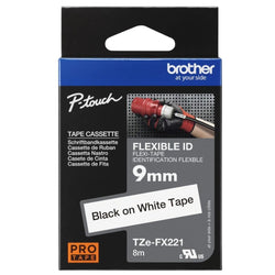 Genuine Brother TZe-FX221 Black on White Flexible ID Laminated Tape for P-touch Label Makers, 9 mm wide x 8 m long