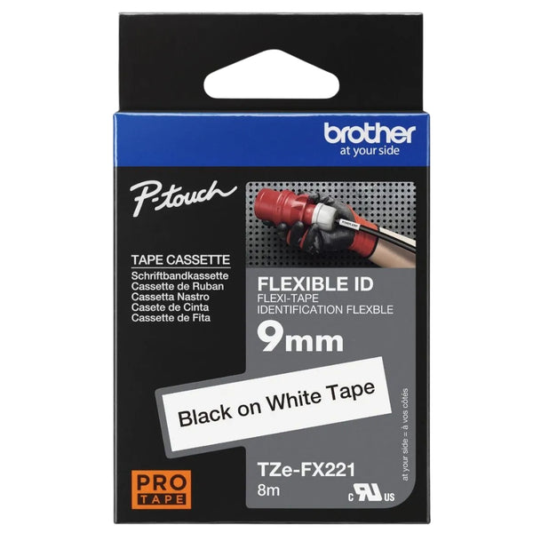 Genuine Brother TZe-FX221 Black on White Flexible ID Laminated Tape for P-touch Label Makers, 9 mm wide x 8 m long