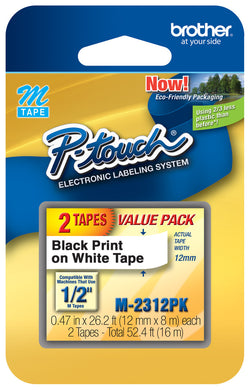 Genuine Brother Tape, 1/2" (0.47") Wide Standard Non-Laminated Tape, Black on White - M-231-2PK
