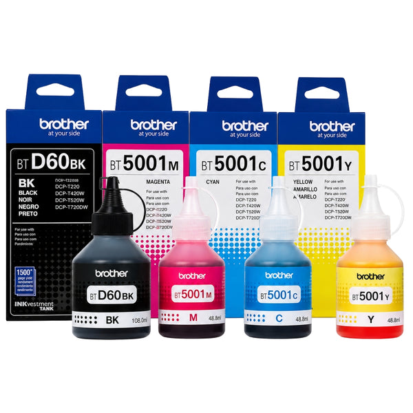Original Brother BT5001 Tri-Color & BTDR60BK Black ink bottle-4 Pack
