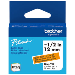 Original Brother BTAG-T31 Black Print On Orange label tape, 13.1 feet