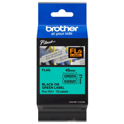 Original Brother FLe-7511 Labelling Tape Cassette, Flag Tape, Black on Green, 21 mm (W) x 45 mm (L), 72 Labels