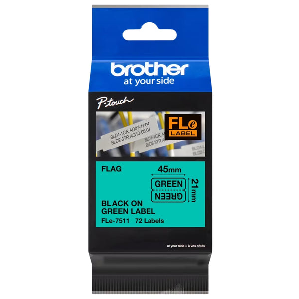 Original Brother FLe-7511 Labelling Tape Cassette, Flag Tape, Black on Green, 21 mm (W) x 45 mm (L), 72 Labels