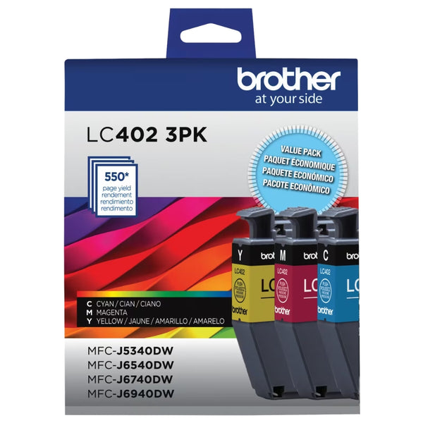 Original Brother LC402 Standard Yield 3-Pack Cyan, Magenta and Yellow Ink Cartridges