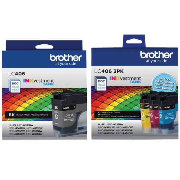 Original Brother LC406 Black and Color Ink Cartridges-4 pack