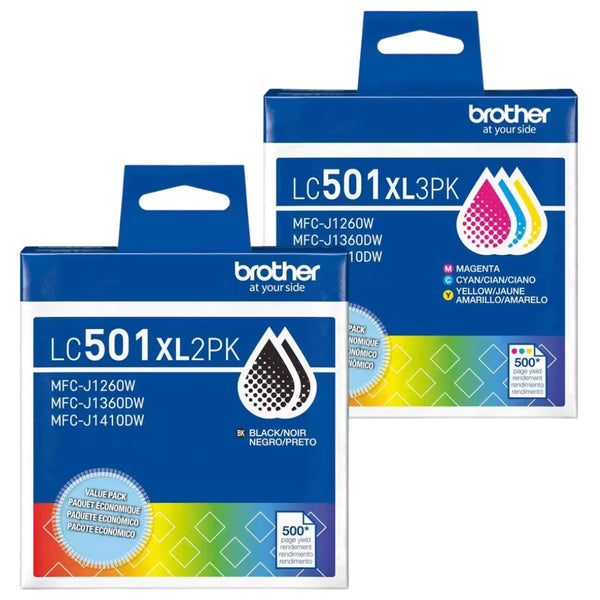 Original Brother LC501XL High Yield Multi-Color (2-Black) & (Color) Ink Cartridge, BCMY-5 Pack