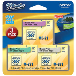 Original Brother ME793 Tape 3/8" ME-21 M-721 M-921 Black on Pink Green Silver 3PK