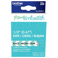 Original Brother P-Touch Embellish Black Print on Mint Chevron Pattern Tape TZEMPMC31 – ~½” Wide x 13.1’ Long