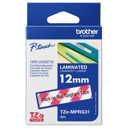 Original Brother P-Touch Embellish Black on Red Gingham Pattern Tape TZE-MPRG31– ~½” Wide x 13.1’ Long