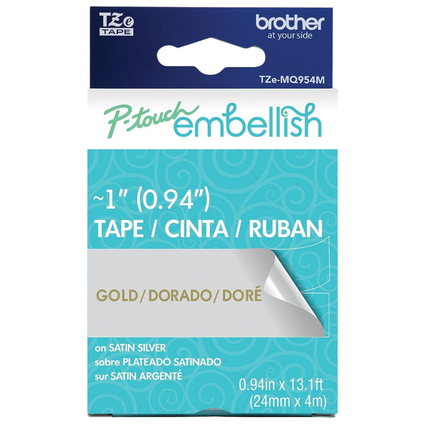 Original Brother P-Touch Embellish Gold Print on Satin Silver Tape TZE-MQ954M - ~1" Wide x 13.1’ Long (24mm x 4m)- 2-Pack
