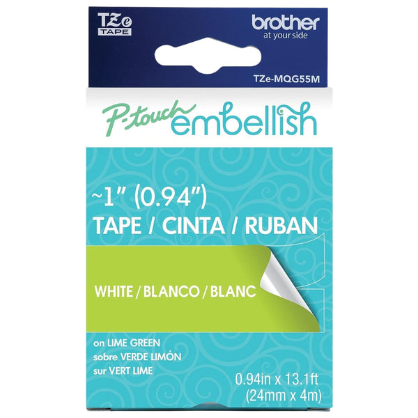Original Brother P-Touch Embellish White Print on Lime Green Tape TZE-MQG55M - ~1" Wide x 13.1’ Long (24mm x 4m)- 2 Pack