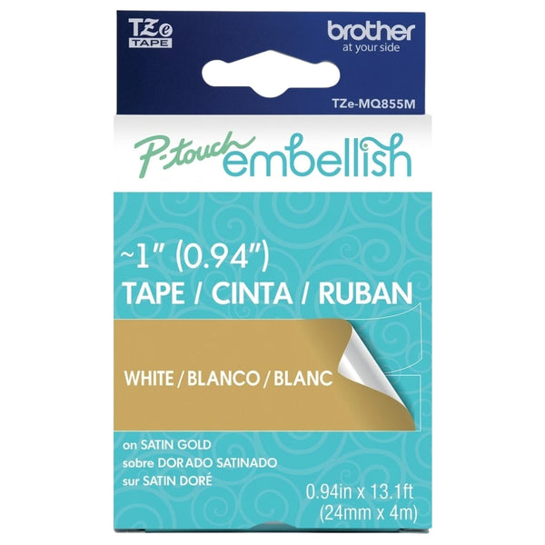 Original Brother P-Touch Embellish White Print on Satin Gold Tape TZE-MQ855M ~1"" Wide x 13.1ft Long (24mm x 4m)
