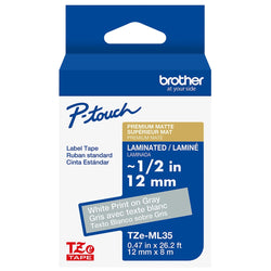 Original Brother P-Touch TZe-ML35 White Print on Premium Matte Gray Laminated Tape 12mm (0.47”) Wide x 8m (26.2’) Long, TZEML35
