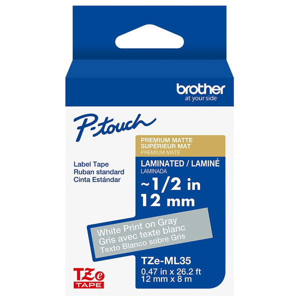 Original Brother P-Touch TZe-ML35 White Print on Premium Matte Gray Laminated Tape 12mm (0.47”) Wide x 8m (26.2’) Long, TZEML35