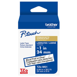 Original Brother P-touch TZe-M51 Black Print on Matte Clear Laminated Tape 24mm (0.94”) wide x 8m (26.2’) long
