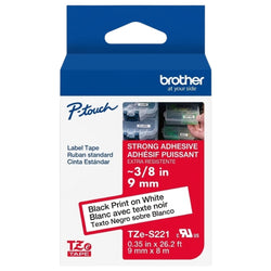 Original Brother TZS221 3/8in (9MM) Black on White Industrial Tape for P-Touch Label Printers