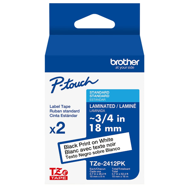 Original Brother TZe-241 Laminated Tape Black on White (18mm 0.7'')- 2-Pack
