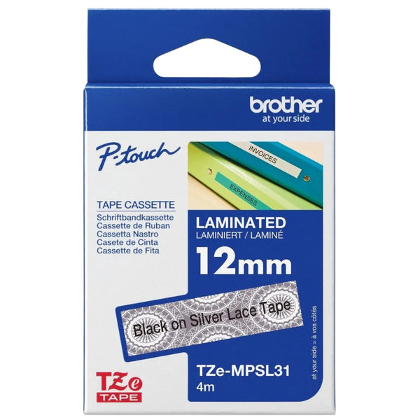 Original Brother TZe-MPSL31 Labelling Tape Cassette, Black on Silver Lace, 12 mm (W) x 4 m (L)