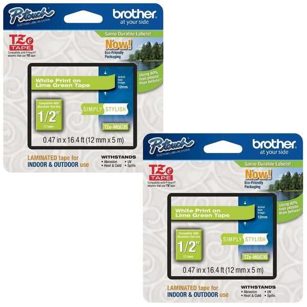 Original Brother TZe-MQG35M Labelling Tape Cassette, White on Lime Green, 12mm (W) x 5M (L)-2-Pack